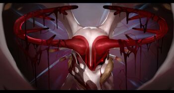 absurdres antlers black_nails blood bloody_tears chaos_elfilis fecto_elfilis fingernails furry glowing glowing_eye hand_on_own_face highres horns kirby_(series) kirby_and_the_forgotten_land letterboxed nintendo sharp_fingernails shiburingaru solo upper_body