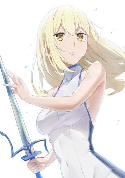 1girl absurdres aiz_wallenstein backlighting blonde_hair closed_mouth commentary covered_navel dress dungeon_ni_deai_wo_motomeru_no_wa_machigatteiru_darou_ka frown halterneck highres holding holding_sword holding_weapon long_hair looking_to_the_side noshiro_tomoya simple_background sleeveless sleeveless_dress solo standing sword sword_oratoria weapon white_background white_dress yellow_eyes