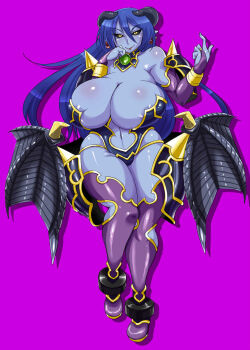 1girl areola_slip armor astaroth_(shinrabanshou) bare_shoulders blue_hair blue_skin boots breasts cleavage colored_skin demon_girl detached_sleeves devil earrings female_focus fingerless_gloves gloves highres horns huge_breasts jewelry jpeg_artifacts long_hair navel pendant plump pointy_ears purple_skin shinrabanshou simple_background smile solo standing tail thick_thighs thigh_boots thighs u-ma wide_hips wings yellow_eyes