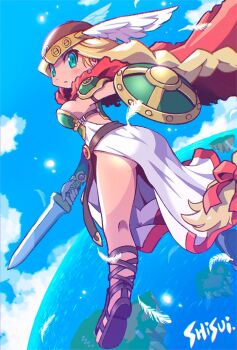 1girl aqua_eyes armor artist_name belt blonde_hair blue_sky bow braid breastplate breasts cape chromatic_aberration day dress feathers floating_cape floating_island flying gladiator_sandals hair_bow helmet holding holding_shield holding_sword holding_weapon horizon long_hair looking_back medium_breasts ocean pauldrons red_bow red_cape sandals serious shield shisui shoulder_armor single_braid sky solo strap sword twisted_torso valkyrie_(vnd) valkyrie_no_densetsu very_long_hair weapon white_dress winged_helmet