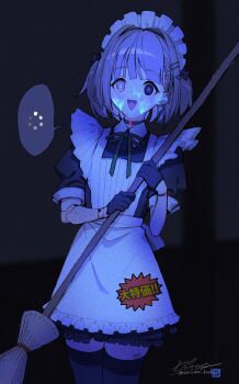 +_+ 1girl android apron barcode broom buffering collared_dress commentary_request cowboy_shot cum cum_on_body dress facial gloves hair_ribbon heterochromia highres holding holding_broom loading_icon looking_at_viewer maid maid_apron maid_headdress mismatched_pupils neck_ribbon open_mouth original puffy_short_sleeves puffy_sleeves ribbon short_dress short_hair short_sleeves signature smile solo spoken_symbol stain standing thighhighs translation_request two-handed two_side_up ultraviolet_light zenmaibook