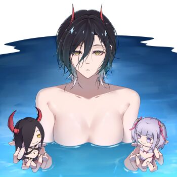 1girl absurdres azur_lane black_hair breasts character_doll cleavage doll expressionless friedrich_der_grosse_(azur_lane) hair_between_eyes highres horns medium_breasts medium_hair multicolored_hair nude official_alternate_costume parted_lips plymouth_(azur_lane) plymouth_(heart-throbbing_refreshment)_(azur_lane) pool slit_pupils solo two-tone_hair ulrich_von_hutten_(azur_lane) upper_body wet wet_hair white_hair xuwasoo yellow_eyes