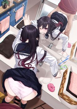 1boy 1girl absurdres against_mirror arm_support ass bar_censor bathroom bent_over black_hair black_skirt black_socks blue_sailor_collar blush bottomless censored clothed_sex clothes_lift clothing_aside colored_tips cup door drain drinking_glass drooling dutch_angle eyebrows_hidden_by_hair faucet feet_out_of_frame from_above from_behind glass gradient_hair grimace hair_flaps hand_on_mirror hetero highres indoors kneepits leaning_forward long_hair long_sleeves mirror mouth_hold multicolored_hair one_eye_closed original panties panties_aside penis pink_eyes pink_panties pink_scrunchie plant pleated_skirt pointless_censoring potted_plant pov red_hair red_shirt reflection sailor_collar saliva school_uniform scrunchie serafuku setsuna_(miraichizu) sex sex_from_behind shirt sidelocks sink skirt skirt_lift soap socks solo_focus standing standing_sex tears tile_wall tiles toothbrush toothbrush_in_mouth toothpaste towel two-tone_hair underwear vaginal white_shirt wrist_scrunchie zero_(miraichizu)
