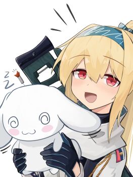 1girl :3 :d @_@ absurdres animal black_gloves blonde_hair blue_hairband blush_stickers bolt_action closed_mouth commentary fuwa_fuwa_cinnamoroll gamryous girls'_frontline gloves gun hair_between_eyes hairband hands_up highres holding holding_animal jacket long_hair looking_at_viewer name_connection notice_lines object_namesake open_mouth ponytail rabbit red_eyes rifle sanrio scarf simple_background smile sniper_rifle solo sv-98 sv-98_(girls'_frontline) sv-98_(mod3)_(girls'_frontline) tranquilizer_dart weapon white_background white_jacket white_scarf zzz