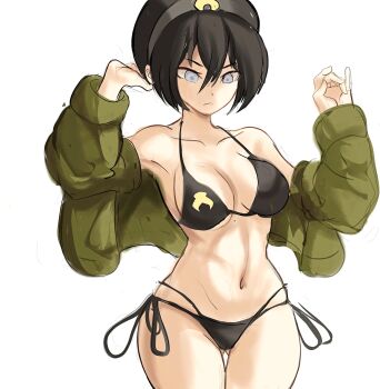 1girl absurdres ass avatar:_the_last_airbender avatar_legends bare_shoulders bikini black_bikini black_hair black_panties blind bomber_jacket cameltoe commentary cowboy_shot debris emblem feet_out_of_frame green_jacket hair_between_eyes hairband highres jacket long_sleeves navel nickelodeon panties rakeemspoon short_hair side-tie_panties simple_background solo string_bra string_panties swimsuit toph_beifong underwear white_background