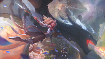 1girl absurdres animal_ears armored_boots artist_name bare_shoulders bird black_pants blonde_hair blue_petals boots breasts character_request check_character commentary commission dragon elbow_gloves english_commentary final_fantasy final_fantasy_xiv fingerless_gloves fire gloves grey_shirt highres holding holding_polearm holding_weapon lips long_hair looking_back looking_to_the_side nose original outdoors pants parted_lips paul_nong petals polearm purple_eyes shirt signature single_elbow_glove single_glove small_breasts smile solo tail teeth too_many too_many_birds weapon