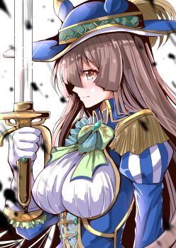 Rule 34 | 1girl, absurdres, animal ears, blue corset, blue hat, blue jacket, blunt sidelocks, blush, bow, bowtie, breasts, brown eyes, brown hair, cavalier hat, closed mouth, commentary request, corset, double-parted bangs, gloves, green bow, green bowtie, hair between eyes, hat, highres, holding, holding sword, holding weapon, horse ears, horse girl, jacket, kentan (kingtaiki), large breasts, long hair, long sleeves, musketeer, official alternate costume, plume, rapier, satono diamond (chevalier bleu) (umamusume), satono diamond (umamusume), sidelocks, solo, sword, umamusume, upper body, weapon, white gloves, wide brim