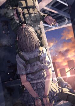 2girls 2others ambiguous_gender arms_behind_back cigarette commentary_request execution grey_hair gun highres holding holding_cigarette holding_gun holding_weapon huyunokure imminent_death long_sleeves military_uniform multiple_girls multiple_others original peril plaid_clothes plaid_skirt shirt short_hair short_sleeves sitting skirt textless_version wariza weapon white_shirt