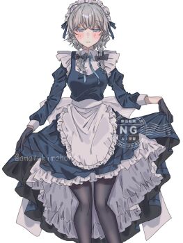 1girl amatukimahoro apron back_bow black_gloves black_pantyhose blue_dress blue_eyes bow braid closed_mouth collared_shirt commentary_request dress feet_out_of_frame frilled_apron frilled_dress frills gloves grey_hair hair_bow highres izayoi_sakuya long_hair long_sleeves looking_at_viewer maid maid_headdress pantyhose pinafore_dress shirt simple_background skirt_hold sleeveless sleeveless_dress solo touhou twin_braids waist_apron white_apron white_background white_bow white_shirt