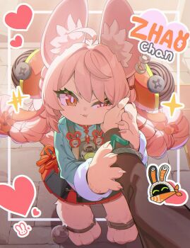 1girl animal_ear_fluff animal_ears animal_feet belle_(zenless_zone_zero) braid braided_twintails commentary_request furry furry_female green_shirt hand_on_another's_cheek hand_on_another's_face highres long_hair looking_at_viewer low_twin_braids nemoga pink_fur pink_hair pov pov_hands rabbit_ears rabbit_girl red_eyes screw shirt twin_braids zenless_zone_zero zhao_(zenless_zone_zero)