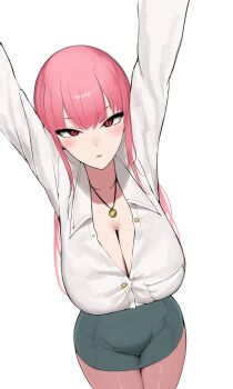 1girl arms_up breasts cleavage hashtag-only_commentary highres hololive hololive_english jewelry large_breasts long_hair looking_at_viewer miyou mori_calliope necklace pencil_skirt pink_eyes pink_hair shirt simple_background skirt solo thick_thighs thighs upper_body virtual_youtuber white_background white_shirt