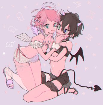 2boys :q ahoge amemura_ramuda angel armpit_crease ass bandeau black_bandeau black_choker black_hair black_shoes black_shorts black_wings block_heels blue_eyes bow bracelet choker chromatic_aberration collarbone demon_boy demon_horns demon_tail dppy_py feathered_wings frilled_choker frilled_sleeves frills full_body fur_bracelet gluteal_fold grabbing_another&#039;s_chin gradient_hair green_eyes grey_background grey_nails groin groin_tendon hair_between_eyes hair_bow halo hand_on_another&#039;s_chin hands_on_another&#039;s_chest heads_together heart heavy_chromatic_aberration heterochromia high_heels horns hypnosis_mic jewelry kneeling knees_together_feet_apart leaning_forward linea_alba looking_at_another looking_to_the_side male_focus mini_wings mole mole_under_eye multicolored_hair multiple_boys multiple_hair_bows multiple_moles navel off-shoulder_shirt off_shoulder panty_straps parted_hair pink_bow pink_hair pink_lips pink_nails pink_ribbon purple_hair raised_eyebrows ribbon sandals shirt shoes short_hair short_shorts shorts shota simple_background sitting skindentation star_(symbol) strappy_heels string tail thigh_strap toenails toes tongue tongue_out trap v-shaped_eyebrows wariza white_bandeau white_choker white_horns white_sandals white_shorts white_wings wings yamada_saburo