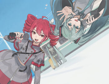 1girl ahoge aqua_eyes aqua_hair arm_at_side black_boots black_skirt black_sleeves black_thighhighs blue_necktie blue_sky boots bow buttons cable clone commentary detached_sleeves dotr_art double-breasted double-parted_bangs fingernails flat_chest from_behind grey_shirt grey_skirt hair_bow hair_ribbon hatsune_miku highres holding holding_microphone kasane_teto kasane_teto_(sv) layered_sleeves long_hair long_sleeves microphone midriff_peek musical_staff musical_staff_print necktie open_mouth pleated_skirt power_lines reaching reaching_towards_viewer red_eyes red_nails red_skirt red_trim ribbon shirt shoulder_belt shoulder_boards skirt skirt_set sky sleeveless sleeveless_shirt solo standing striped_clothes striped_skirt synthesizer_v teeth thigh_boots thighhighs tongue train twintails upside-down utau utility_pole very_long_hair vocaloid white_bow white_ribbon