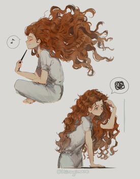 1girl blue_eyes closed_eyes closed_mouth crossed_legs floating_hair full_body gynger_edventray_(hiiragimare) highres hiiragimare hogwarts_legacy holding holding_wand image_in_speech_bubble long_hair multiple_views musical_note original pajamas red_hair simple_background sitting solo spoken_musical_note wand white_background white_pajamas wizarding_world