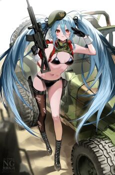 1girl ahoge assault_rifle backpack bag beret bikini black_bikini black_boots black_gloves black_ribbon black_thighhighs blue_hair blush boots breasts buckle cross-shaped_pupils double-parted_bangs full_body gloves green_hat gun h&amp;k_hk416 hair_between_eyes hair_ribbon handgun hat highres holding holding_gun holding_weapon holster holstered huge_ahoge isono_(isonoproject) lace-up_boots long_hair looking_at_viewer medium_breasts military_jeep motor_vehicle navel original parted_lips randoseru red_eyes ribbon rifle salute scope shrug_(clothing) simple_background single_thighhigh snap-fit_buckle solo standing swimsuit symbol-shaped_pupils thigh_holster thighhighs torn_clothes torn_thighhighs trigger_discipline twintails vertical_foregrip very_long_hair weapon weapon_request white_background white_wrist_cuffs wrist_cuffs