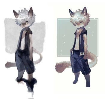 1boy animal_feet aqua_background black_jacket body_fur brown_fur cat_boy claws commentary dated digitigrade fuji_166 full_body furry furry_male green_eyes grey_fur grey_hair hand_on_own_hip highres jacket looking_at_viewer male_focus multiple_views original short_hair sleeveless sleeveless_jacket standing symbol-only_commentary tail