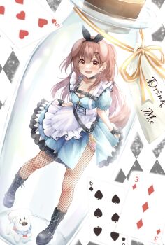 1girl absurdres alice_(alice_in_wonderland) alice's_adventures_in_wonderland animal_ears apron baumku_techen black_boots black_choker black_gloves black_hairband black_pantyhose blue_dress blush boots bottle bow_hairband breast_strap breasts brown_eyes brown_hair card_(medium) checkered_clothes checkered_skirt chest_belt chest_harness choker cleavage commentary_request cosplay dog_ears dog_girl dog_tail double-parted_bangs dress earrings extra_ears fangs fingerless_gloves fishnet_pantyhose fishnets frilled_apron frills full_body gloves hair_between_eyes hair_ornament hairband hairclip harness heart-shaped_lock highres hololive hoso-inu in_bottle in_container inugami_korone inugami_korone_(wonderland) jar jewelry key key_necklace lace-up_boots large_breasts long_hair looking_at_viewer necklace o-ring o-ring_choker official_alternate_costume official_alternate_hair_length official_alternate_hairstyle open_mouth oversized_object pantyhose playing_card_earrings poker potion short_dress side_slit skirt skirt_hold skirt_under_dress solo tail two_side_up underbust vial virtual_youtuber waist_apron white_apron