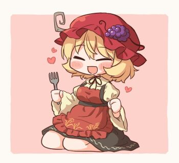 Rule 34 | 1girl, aki minoriko, apron, arinu, black skirt, blonde hair, blush, breasts, chibi, chibi only, commentary request, facing viewer, fork, fruit hat ornament, grape hat ornament, hat, holding, holding fork, long sleeves, medium breasts, neck ribbon, open mouth, orange apron, red apron, ribbon, seiza, shirt, sitting, skirt, smile, solo, touhou, wide sleeves, yellow shirt