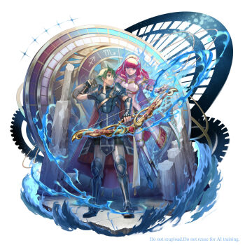 1boy 1girl alm_(fire_emblem) alm_(powerful_resolve)_(fire_emblem) amao_miyuki armor breastplate cape celica_(fire_emblem) celica_(imprisoned_soul)_(fire_emblem) english_text fingerless_gloves fire_emblem fire_emblem_echoes:_shadows_of_valentia fire_emblem_gaiden fire_emblem_heroes gloves greaves green_eyes green_hair hairband headband highres holding long_hair nintendo parted_lips pauldrons red_eyes red_hair sabaton short_hair shoulder_armor smile water weapon