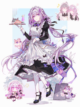 2girls absurdres apron black_dress breasts cake castorice_(honkai:_star_rail) chibi chimera_(honkai:_star_rail) chinese_commentary commentary cup dress food grey_hair hairband high_heels highres honkai:_star_rail honkai_(series) long_hair maid maid_apron maid_headdress medium_breasts multiple_girls pointy_ears ponytail purple_eyes purple_hair stelle_(honkai:_star_rail) thighhighs trailblazer_(honkai:_star_rail) tray very_long_hair white_hairband white_thighhighs yajuu