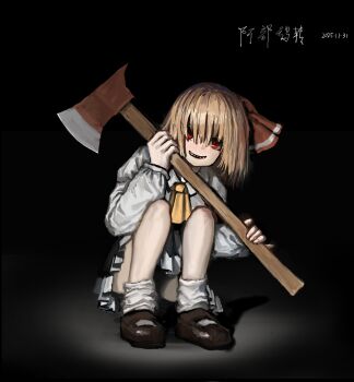 1girl artist_name ascot axe black_skirt blonde_hair brown_shoes collared_shirt commentary dated frilled_skirt frills highres holding holding_axe long_sleeves looking_at_viewer mary_janes rumia sharp_teeth shirt shoes skirt solo squatting teeth touhou white_shirt yellow_ascot zhuxie1264852