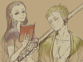 1boy 1girl 2018 black_hair book brown_background collarbone commentary_request earrings green_hair green_kimono high_collar holding holding_book holding_sword holding_weapon japanese_clothes jewelry kimono lineart long_hair looking_at_another nico_robin nico_robin_(return_to_sabaody) nikoban one-eyed one_eye_closed one_piece roronoa_zoro scar scar_across_eye scar_on_face short_hair simple_background smile stitched_torso stitches sword upper_body weapon zipper