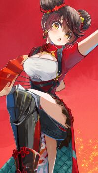 1girl android blush breasts brown_hair brown_skirt china_dress chinese_clothes cleavage commentary_request double_bun dress earrings fighting_stance flower flower_hairtie foot_out_of_frame framed_breasts gold_necklace gradient_background gradient_hair hair_bun hair_flower hair_ornament hair_over_one_eye hair_tie hand_fan highres holding holding_fan hololive jewelry knee_up large_breasts mandarin_collar mechanical_legs miniskirt multicolored_hair necklace nyucha official_alternate_costume open_mouth pleated_skirt raised_eyebrows red_background red_dress roboco-san roboco-san_(oriental-style_battle) short_hair short_sleeves skirt solo standing standing_on_one_leg virtual_youtuber waist_cape yellow_eyes