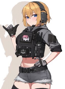 Rule 34 | 1girl, belt, black belt, black thighhighs, blonde hair, blue eyes, bt (user udwc7853), character request, doro (nikke), feet out of frame, gloves, goddess of victory: nikke, hand on own hip, highres, looking at viewer, navel, short hair, shorts, simple background, solo, standing, tactical clothes, thighhighs, white background