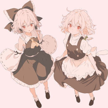 2girls absurdres albino alternate_color alternate_hair_color ascot back_bow bare_shoulders black_bow black_shoes black_skirt black_vest blush bow braid buttons closed_mouth commentary_request detached_sleeves frilled_bow frilled_hair_tubes frilled_skirt frills frown full_body furrowed_brow grey_hair hair_between_eyes hair_bow hair_tubes hakurei_reimu highres iris-san kirisame_marisa loafers long_sleeves looking_at_viewer medium_hair multiple_girls no_headwear open_mouth puffy_short_sleeves puffy_sleeves red_eyes ribbon-trimmed_sleeves ribbon_trim shirt shoes short_sleeves side_braid sidelocks simple_background single_braid skirt skirt_hold sleeveless sleeveless_shirt standing touhou turtleneck turtleneck_shirt vest white_background white_bow white_shirt wide_sleeves yellow_ascot yellow_eyes