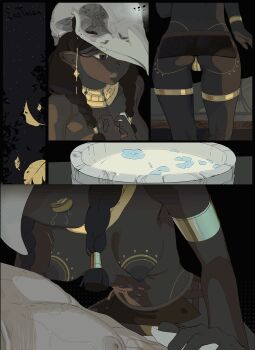 ... 1boy 1girl 2024 abs animal_skull animated animated_gif armlet artist_name ass bed bird_skull black_hair bracelet braid breast_tattoo breasts brown_eyes cameltoe comic dark-skinned_female dark_skin earrings freckles glint gold_bracelet gold_earrings gold_necklace heavy_breathing jewelry leaf long_hair looping_animation microskirt navel necklace night nipples original panties parted_lips pointy_ears sexually_suggestive skinny skirt skull sky small_breasts star_(sky) tattoo teemu_taiga topless_female towel twin_braids underwear very_dark_skin washing_another wet wiping yellow_panties