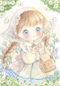 1girl apron blue_dress blue_eyes blue_flower braid brown_hair bug butterfly dress flower hair_flower hair_ornament hand_up headscarf highres insect long_hair long_sleeves original painting_(medium) plaid_clothes plaid_dress signature tato_(kunikida-3) traditional_media twin_braids watercolor_(medium) white_apron white_flower