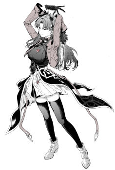 1girl black_gloves black_hair black_necktie black_shirt black_thighhighs breasts commentary_request earrings fate/stay_night fate_(series) gem gloves highres honkai:_star_rail honkai_(series) hoop_earrings jacket jewelry long_hair looking_at_viewer medium_breasts necktie one_eye_closed pendant red_gem red_jacket rin's_pendant_(fate) shirt skirt smile solo syatey thighhighs tohsaka_rin tohsaka_rin_(honkai:_star_rail) white_skirt zelretch_sword