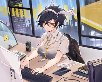 1girl absurdres animal_ear_hairband animal_ears black_eyes black_hair book breasts building cable can chair character_request chopsticks city clipboard collared_shirt commentary computer computer_keyboard container crossed_bangs cubicle double-parted_bangs drink_can dutch_angle elfboiii english_commentary english_text fake_animal_ears flustered food hair_between_eyes hair_ornament hairband hairclip highres hololive id_card indoors jacket leaning_forward lunchbox medium_hair monitor office_lady on_chair paper shirt sitting skyscraper solo sticky_note sweat typing unworn_jacket usb white_shirt