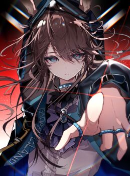 1girl absurdres amiya_(arknights) animal_ears arknights blue_choker blue_eyes blue_gem blue_jacket brooch brown_hair center_frills chinese_commentary choker commentary_request floating_hair frills gem hair_between_eyes hexoin highres hood hood_up jacket jewelry long_hair long_sleeves looking_at_viewer multiple_rings pointing pointing_at_viewer rabbit_ears ring shirt sidelocks solo straight-on upper_body white_shirt