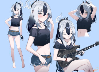 1girl alternate_costume arms_up bare_legs barefoot belt black_hair blew_andwhite blue_archive blush choker closed_mouth commentary_request crop_top cropped_shirt cutoffs demon_horns denim denim_shorts earclip electric_guitar fingerless_gloves gloves gradient_hair guitar hair_between_eyes halo highres holding holding_instrument horns instrument kayoko_(blue_archive) looking_at_viewer midriff mole mole_on_neck multicolored_hair multiple_views navel one_eye_closed playing_instrument ponytail red_eyes short_shorts shorts simple_background single_glove sweatdrop two-tone_hair white_hair