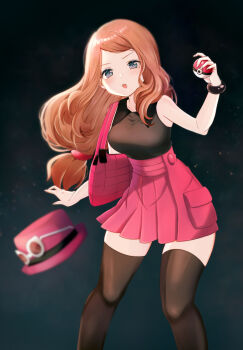 Rule 34 | 1girl, :o, absurdres, bag, blurry, blush, bracelet, breasts, brown thighhighs, collared shirt, commentary, eyewear on headwear, handbag, hat, high-waist skirt, highres, holding, holding poke ball, jewelry, long hair, looking at viewer, nasakixoc, nintendo, open mouth, orange hair, pink bag, pink hat, pink skirt, pleated skirt, poke ball, pokemon, pokemon xy, serena (pokemon), shirt, skirt, sleeveless, sleeveless shirt, solo, sunglasses, thighhighs, unworn hat, unworn headwear, white-framed eyewear