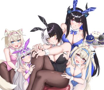 5girls :d absurdres animal_ear_fluff animal_ears asymmetrical_horns bare_shoulders black_hair black_leotard black_nails black_pantyhose blonde_hair blue_bow blue_eyes blue_hair blue_hairband blue_leotard blue_nails bow breasts cleavage colored_inner_hair commentary demon_girl demon_horns detached_collar dog_ears dog_girl dog_tail dot_nose double-parted_bangs fake_animal_ears fake_horns fang fishnets fuwawa_abyssgard hair_between_eyes hair_ornament hairband hand_on_another's_arm hand_on_another's_hip hand_on_another's_leg highres holding hololive hololive_english horn_hairband horns jailbird_(nerissa_ravencroft) jewel_under_eye koseki_bijou large_breasts leg_warmers leotard long_hair looking_at_another looking_at_viewer medium_breasts mmneko mococo_abyssgard multicolored_hair multiple_girls nail_polish nerissa_ravencroft open_mouth pantyhose pebble_(koseki_bijou) pink_hair pink_hairband pink_leg_warmers pink_nails playboy_bunny purple_bow purple_eyes purple_leotard purple_nails rabbit_ears red_eyes ruffian_(fuwamoco) shiori_novella simple_background sitting skin_fang smile strapless strapless_leotard tail teeth thick_thighs thighs two-tone_hair virtual_youtuber white_hair white_pantyhose wrist_cuffs yellow_eyes yorick_(shiori_novella)