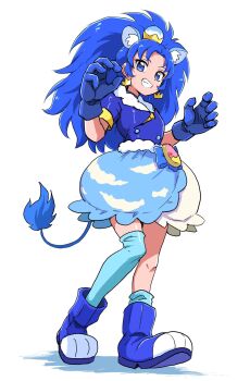 1girl animal_ears blue_boots blue_eyes blue_gloves blue_hair blue_shirt blue_skirt blue_socks blue_thighhighs boots bubble_skirt commentary crown crown_earrings cure_gelato earrings extra_ears full_body gloves grin hands_up highres jewelry kirakira_precure_a_la_mode lion_ears lion_tail long_hair magical_girl pointed_crown precure shirt short_sleeves simple_background single_sock single_thighhigh skirt smile socks solo standing tail tategami_aoi thighhighs uraki white_background