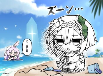 2girls amber_(stella_sora) beach blue_one-piece_swimsuit blue_sailor_collar breasts check_translation chibi chibi_only color_drain commentary_request copyright_notice covering_own_mouth elbow_gloves flag flower gloves grey_eyes hair_flower hair_ornament hand_over_own_mouth hibiscus highres holding holding_flag hugging_own_legs jitome large_breasts multiple_girls nako775 official_art on_ground one-piece_swimsuit outdoors parted_bangs partially_submerged purple_hair sailor_collar sand_bucket seaweed shia_(stella_sora) shirt short_hair single_ear_down sitting sleeveless sleeveless_shirt sound_effects stella_sora surfboard swimsuit tearing_up translation_request trowel white_gloves white_shirt x_mouth