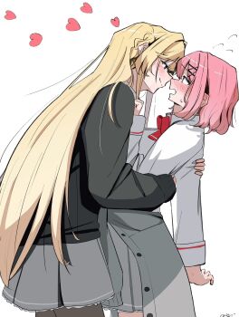Rule 34 | 2girls, amaori renako, ashigaya high school uniform, black jacket, black pantyhose, blazer, blonde hair, blush, bow, bowtie, closed mouth, collared shirt, commentary, eye contact, grey skirt, hand on another's waist, hashtag-only commentary, heart, highres, jacket, long hair, looking at another, medium hair, multiple girls, nobunaga (nbng g), open mouth, ouzuka mai, pantyhose, pink hair, red bow, red bowtie, school uniform, shirt, simple background, skirt, smile, watashi ga koibito ni nareru wake naijan murimuri!, white background, white shirt, yuri