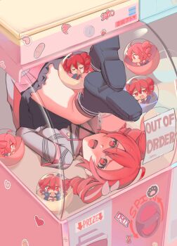 6+girls boots chibi closed_eyes drill_hair gashapon heart highres ianxy2 in_crane_game kasane_teto kasane_teto_(sv) kasane_teto_(utau) legs_up long_sleeves multiple_girls multiple_persona musical_note open_mouth paw_print pink_eyes pink_hair shoe_soles skirt smile sticker synthesizer_v twin_drills upside-down utau