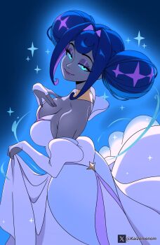 android blue_eyes blue_hair breasts cleavage dress glitch_productions highres kaizervenom knights_of_guinevere princess princess_guinevere purple_dress smile solo