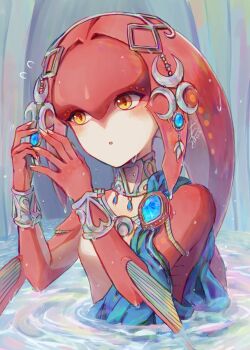 1girl :o agisato blush commentary_request fins fish_girl head_tail jewelry looking_at_viewer mipha nintendo partially_submerged solo the_legend_of_zelda the_legend_of_zelda:_breath_of_the_wild water yellow_eyes zora