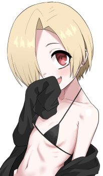 1girl bare_shoulders bikini black_bikini black_jacket blonde_hair breasts clothes_down earclip fang hair_over_one_eye halulu highres idolmaster idolmaster_cinderella_girls jacket navel one_eye_covered open_mouth red_eyes ribs shirasaka_koume short_hair simple_background sleeves_past_fingers sleeves_past_wrists small_breasts smile solo swimsuit tareme upper_body white_background