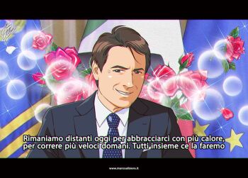 1boy animification black_jacket blue_necktie brown_eyes brown_hair collared_shirt coronavirus_pandemic european_union_flag film_grain flag flower giuseppe_conte italian_flag italian_text jacket lens_flare letterboxed looking_at_viewer male_focus marco_albiero necktie real_life red_flower red_rose rose shirt sitting smile solo sparkle swept_bangs translated watermark web_address white_shirt wing_collar