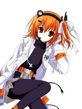 1girl a.i._voice adachi_rei belt black_pantyhose black_shirt cable closed_mouth culottes gloves grey_shorts hair_ornament hair_ribbon hairclip hashtag-only_commentary headlamp highres jacket long_sleeves looking_at_viewer medium_hair naivefatei_(nemui) one_side_up open_clothes open_jacket orange_belt orange_eyes orange_hair pantyhose radio_antenna ribbon shirt shorts simple_background solo tucking_hair turtleneck turtleneck_shirt utau white_background white_gloves white_jacket white_ribbon