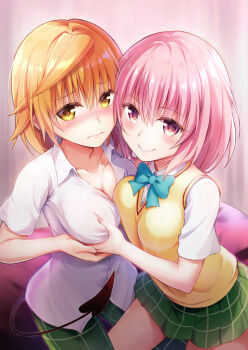 2girls absurdres asymmetrical_docking bow bowtie breast_press breasts brown_hair cleavage closed_mouth collared_shirt commentary_request cowboy_shot crossdressing crossdressing_(ftm) demon_tail frown genderswap genderswap_(mtf) grabbing_another's_breast green_bow green_bowtie green_pants green_skirt groping hand_on_another's_hand highres indoors lita_illust looking_at_viewer medium_breasts momo_velia_deviluke multiple_girls pants pink_eyes pink_hair plaid_clothes plaid_pants plaid_skirt sainan_high_school_uniform school_uniform shirt short_hair short_sleeves skirt smile summer_uniform sweater_vest tail to_love-ru untucked_shirt wavy_hair white_shirt yellow_eyes yellow_sweater_vest yuri yuusaki_riko