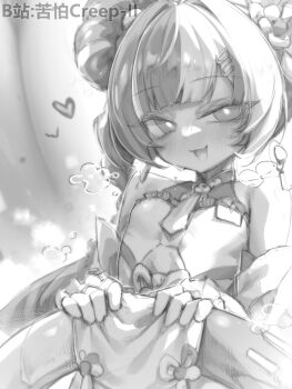 1girl bilibili_username breasts commentary dialyn_(zenless_zone_zero) greyscale heart highres kupa_(jesterwii) long_hair looking_at_viewer monochrome open_mouth small_breasts solo spread_pussy spread_pussy_under_clothes spreading_own_pussy symbol-only_commentary twintails zenless_zone_zero