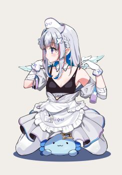 1girl amane_kanata amane_kanata_(nurse) angel bra braid dress flat_chest gloves grey_background hat highres hololive medium_hair nurse_cap off_shoulder official_alternate_costume purple_eyes simple_background solo underwear upao_(amane_kanata) virtual_youtuber wings wpotion