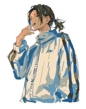 0k_sic 1boy arm_up brown_eyes brown_hair finger_in_own_mouth jacket looking_at_viewer male_focus original ponytail simple_background solo striped_clothes striped_jacket vertical-striped_clothes vertical-striped_jacket white_background white_jacket